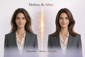 Hair after use shows glossy, lightweight finish.