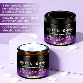 Generic Biotin 10-in-1 Skin Restoration Cream bottle on desk communicates compact daily routine.