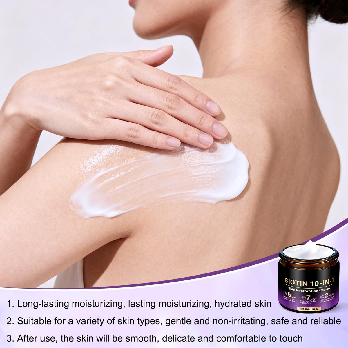Generic Biotin 10-in-1 Skin Restoration Cream jar close-up emphasizes smooth texture for nourishment.