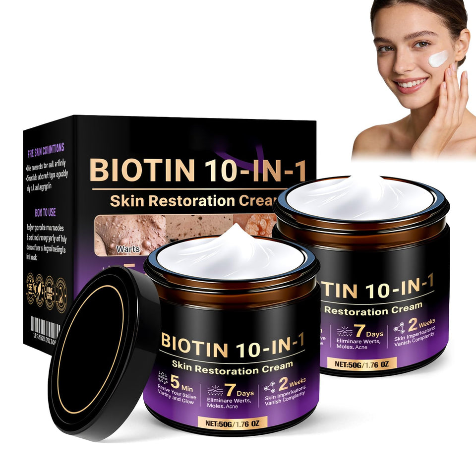 Generic Biotin 10-in-1 Skin Restoration Cream pack shows two jars for daily hydration and glow.
