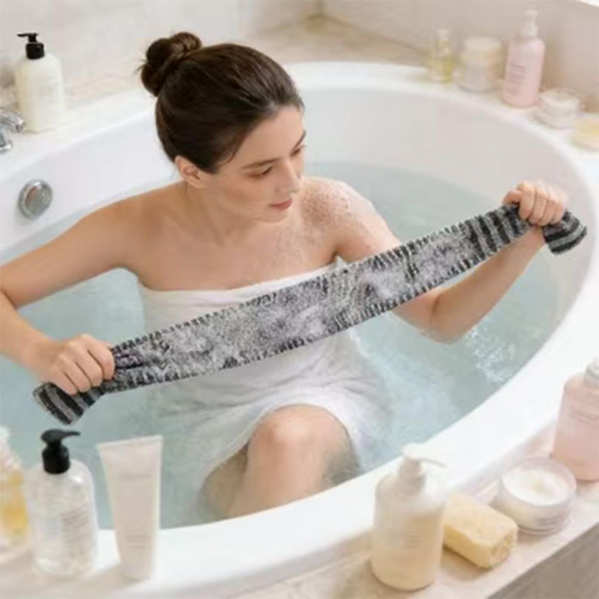 Blissal towel used on back and shoulders for easy access