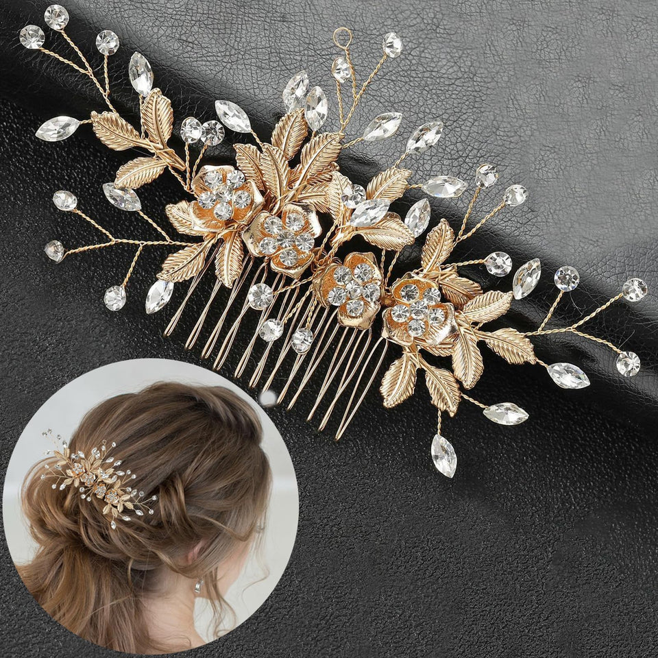 Generic Bridal Hair Comb Bright KC-Gold front view highlights rhinestones for a radiant wedding look