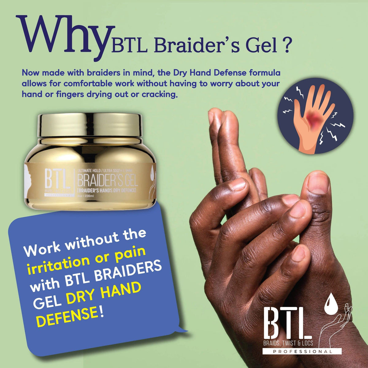 BTL Braider's Hands Dry Defense Gel on twists and edges with no residue for tidy styling.