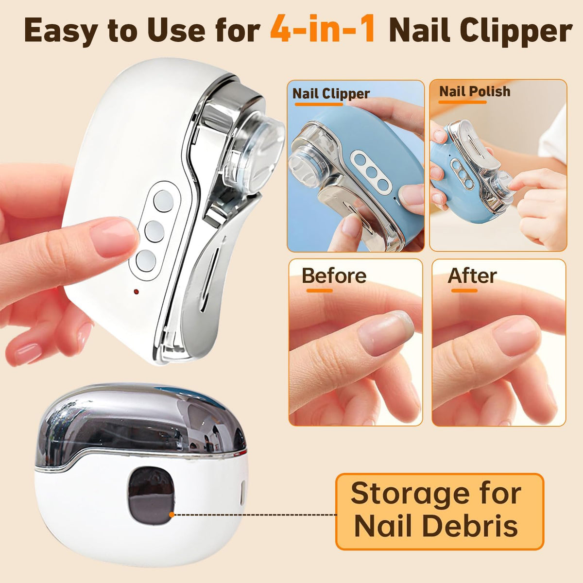 Generic clip storage and debris box keeps nails tidy during use