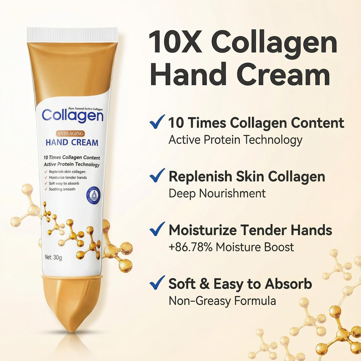 Generic Collagen Hand Cream texture close-up highlights non-greasy, fast-absorbing formula.