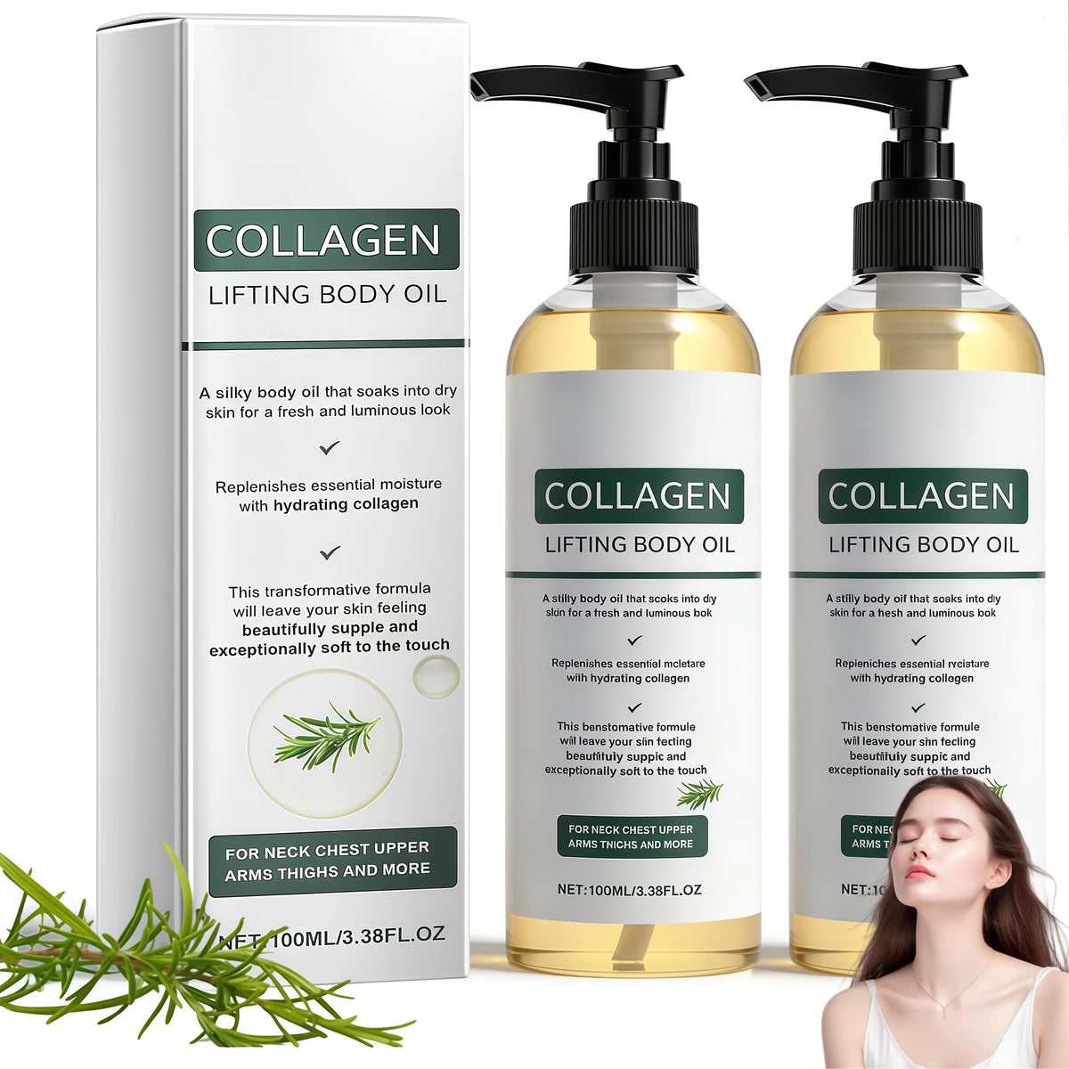 Generic Collagen Lifting Body Oil bottle shown for lightweight hydration