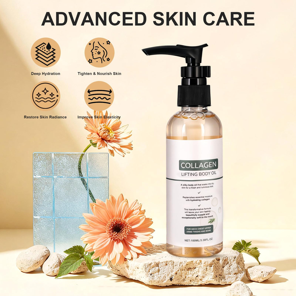 Generic Collagen Lifting Body Oil pump demonstrates easy daily application