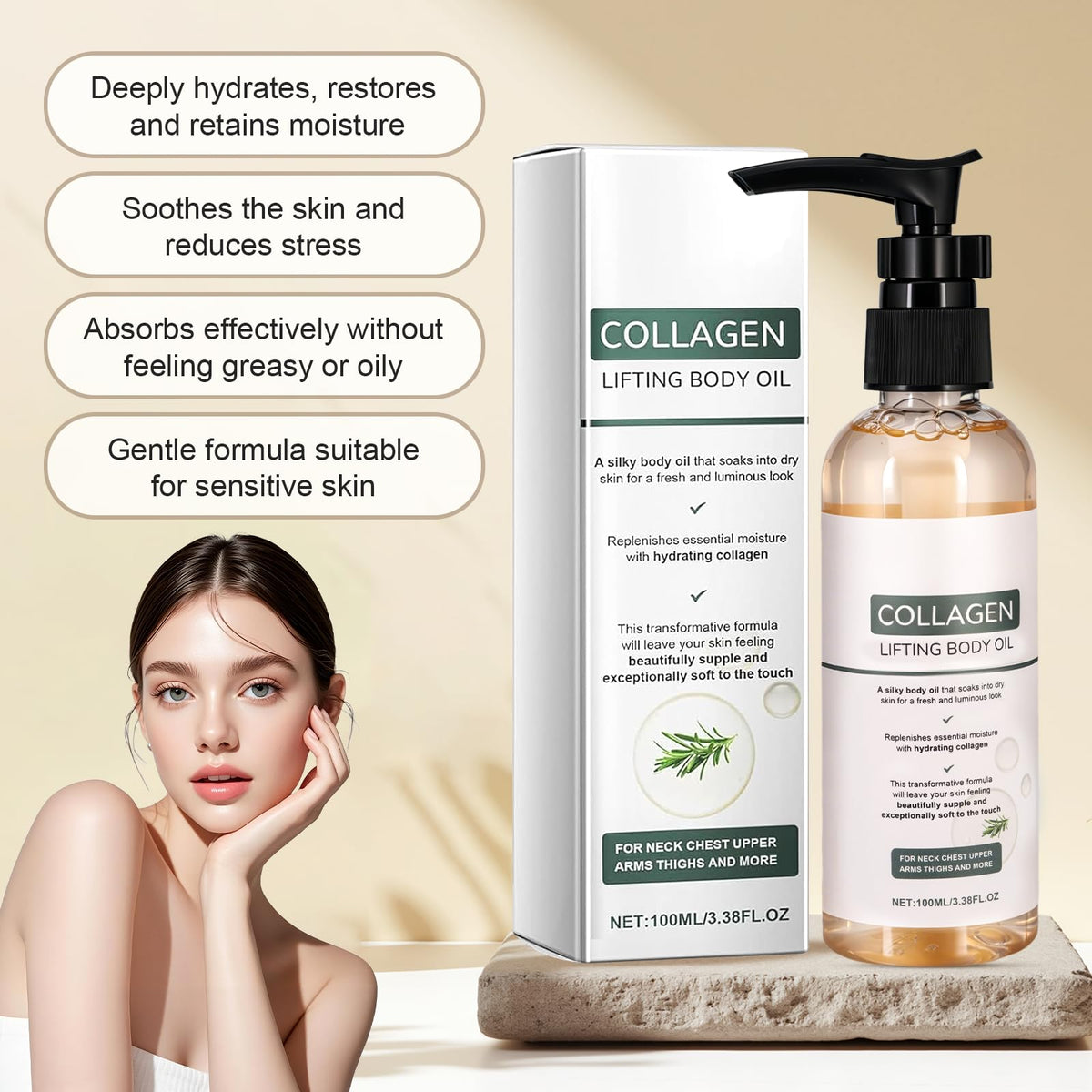 Generic Collagen Lifting Body Oil close-up reveals fast-absorbing, non-greasy texture