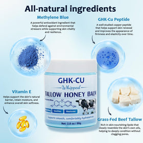 Generic Copper Peptides GHK-Cu balm ingredients label highlights beef tallow and antioxidants.