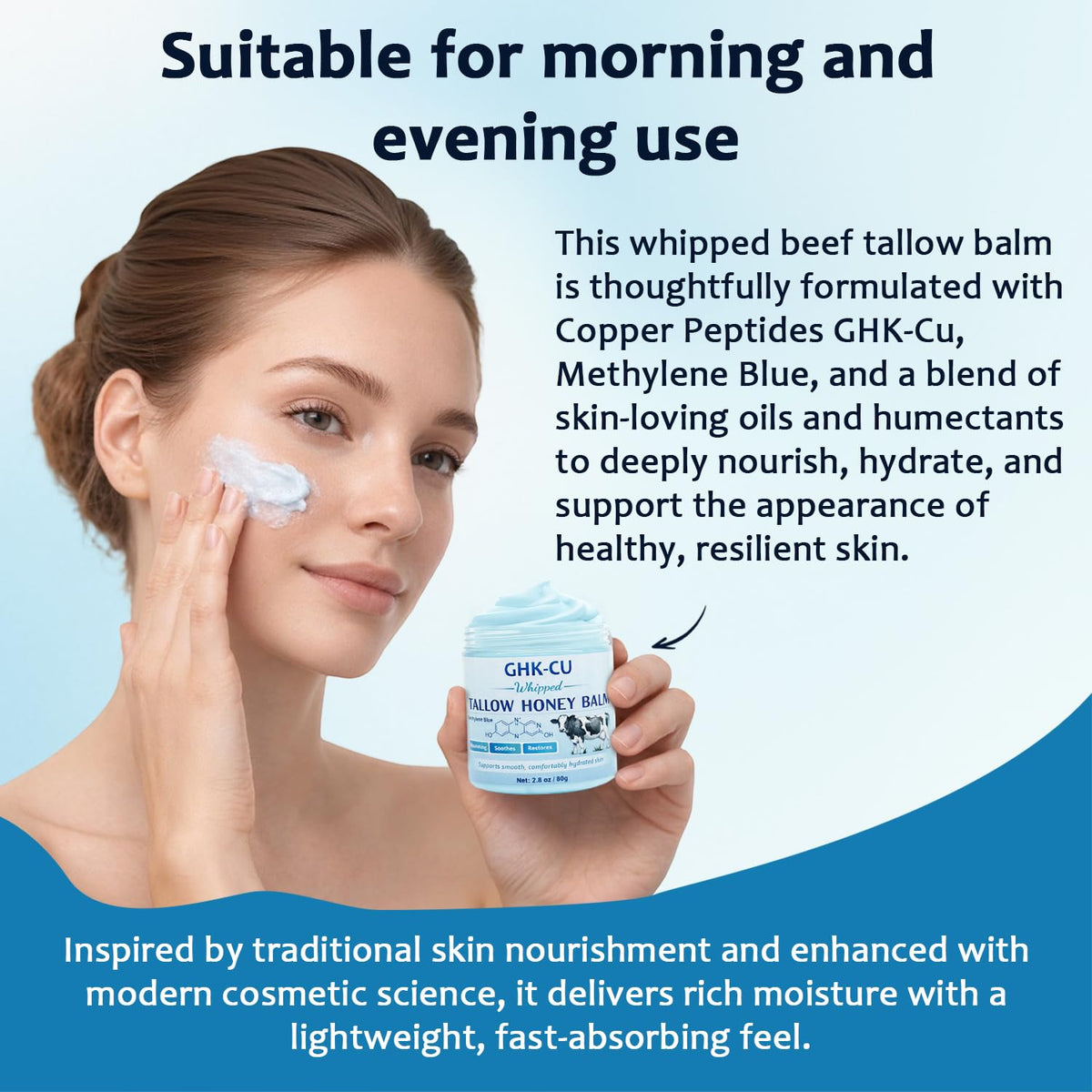 Generic Copper Peptides GHK-Cu balm packaging scene emphasizes fragrance-free nourishment.
