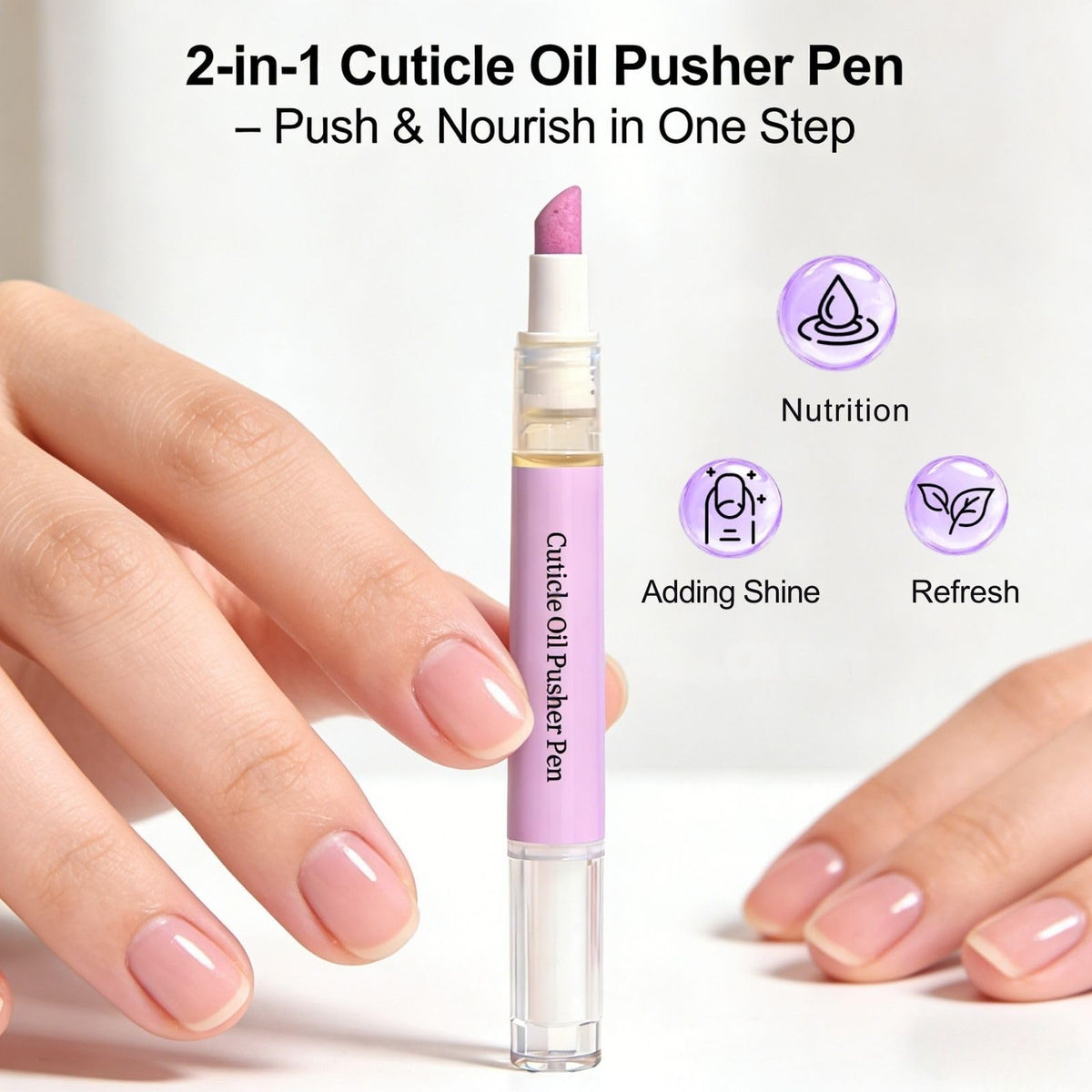 Generic 2-in-1 cuticle pusher and oil pen for quick at-home pampering.