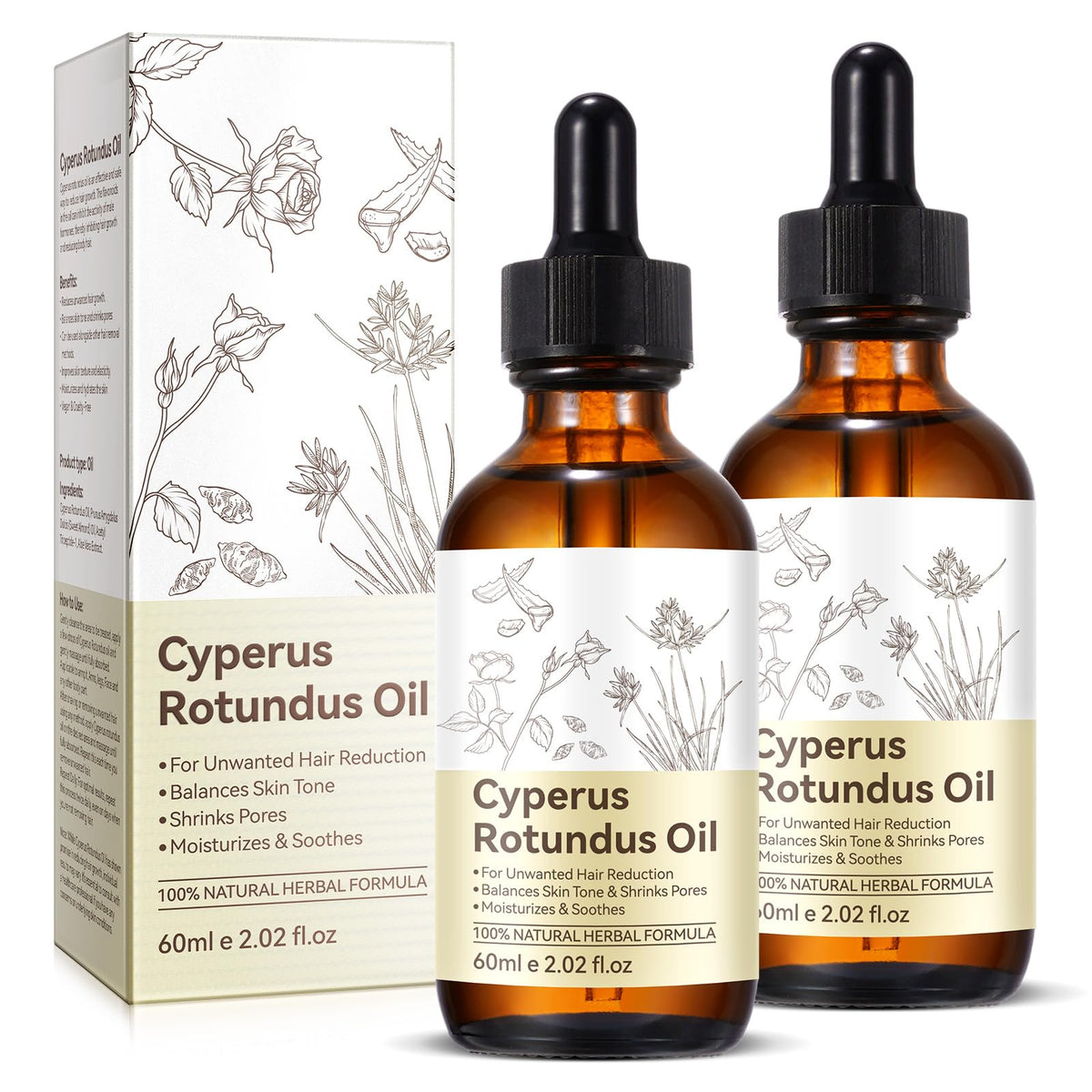 Generic Cyperus Rotundus Oil bottle being poured for gentle hair removal care.