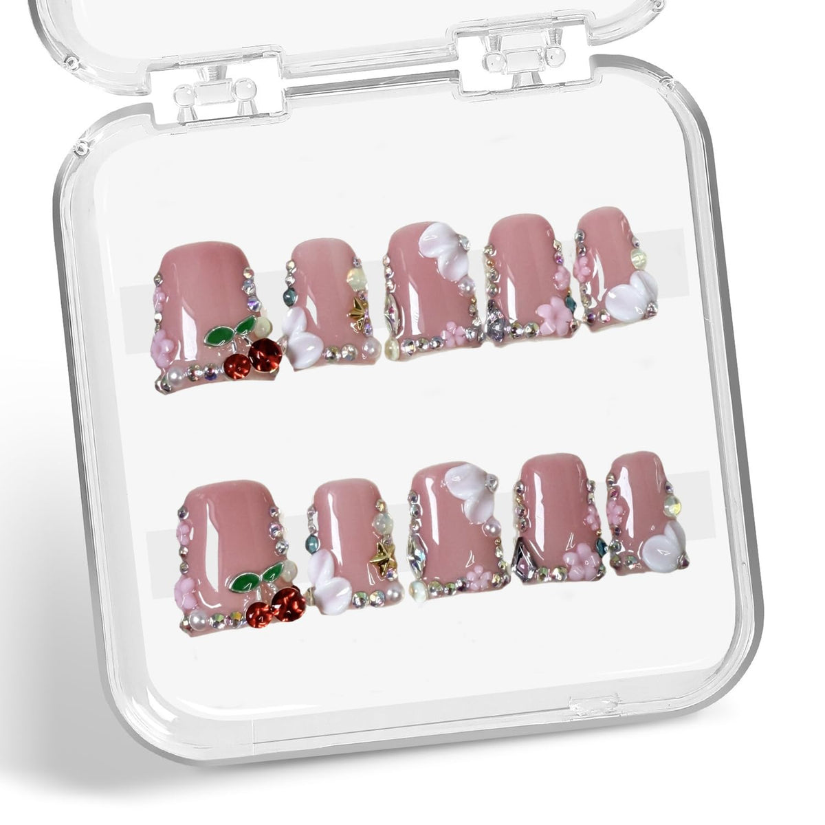 Generic Duck Press on Nails with a 3D cherry design for elegant everyday wear