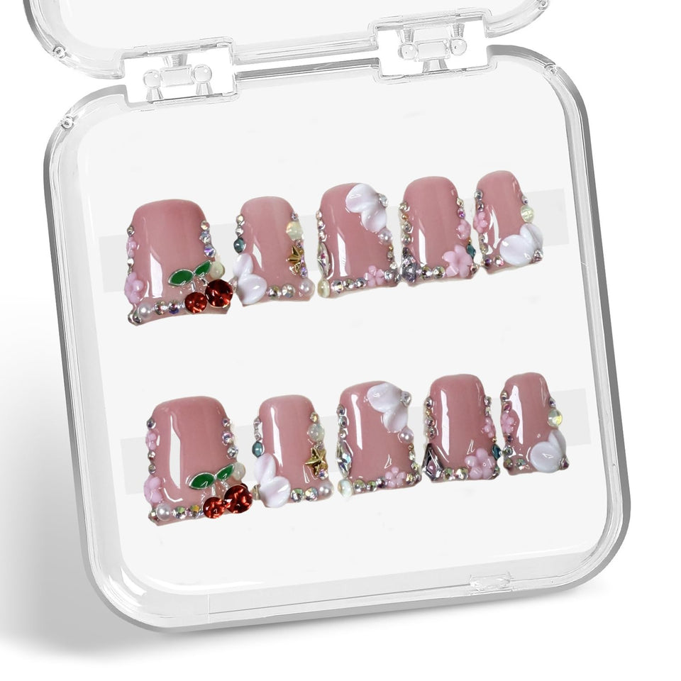 Generic Duck Press on Nails with a 3D cherry design for elegant everyday wear