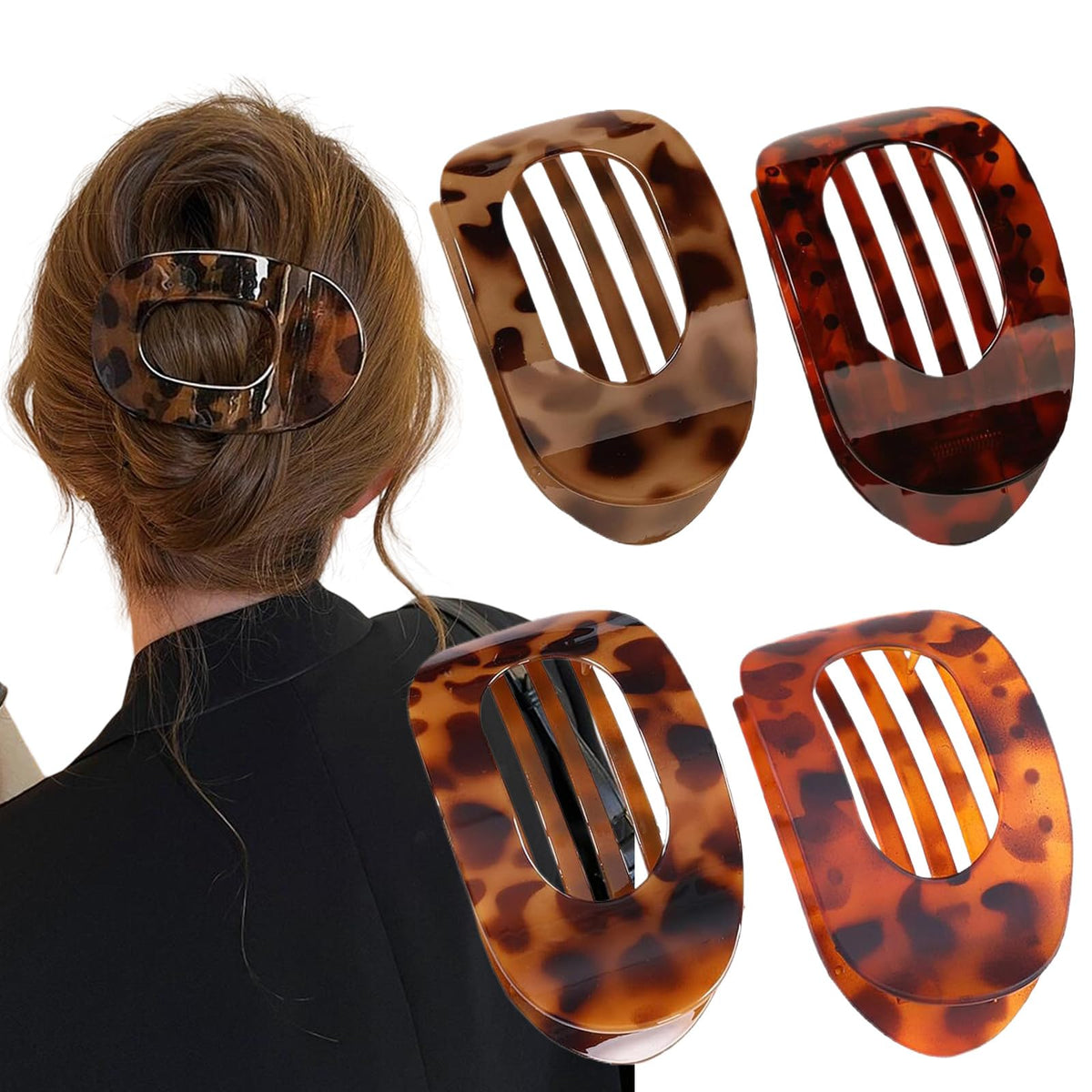 Generic duckbill clip in leopard print with flat claw for secure all-day hold.