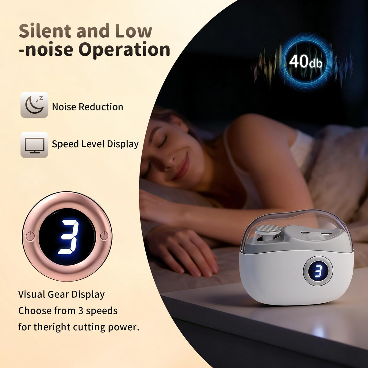 Generic Electric Nail Clipper showing 3-speed control for all ages.