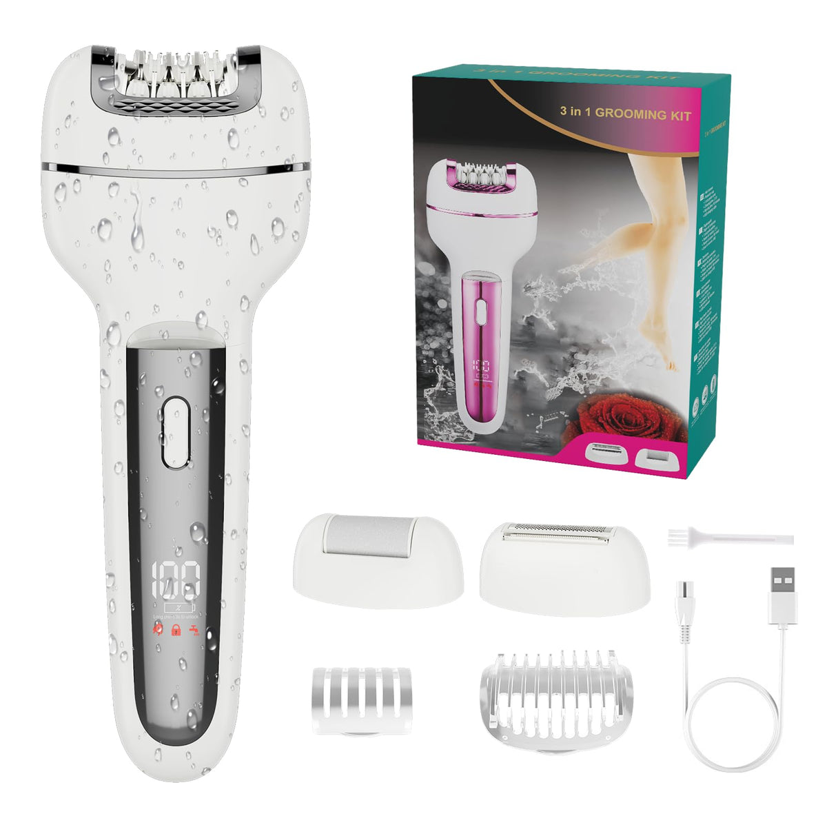 Generic epilator 3-in-1 heads enabling versatile grooming with easy head swaps