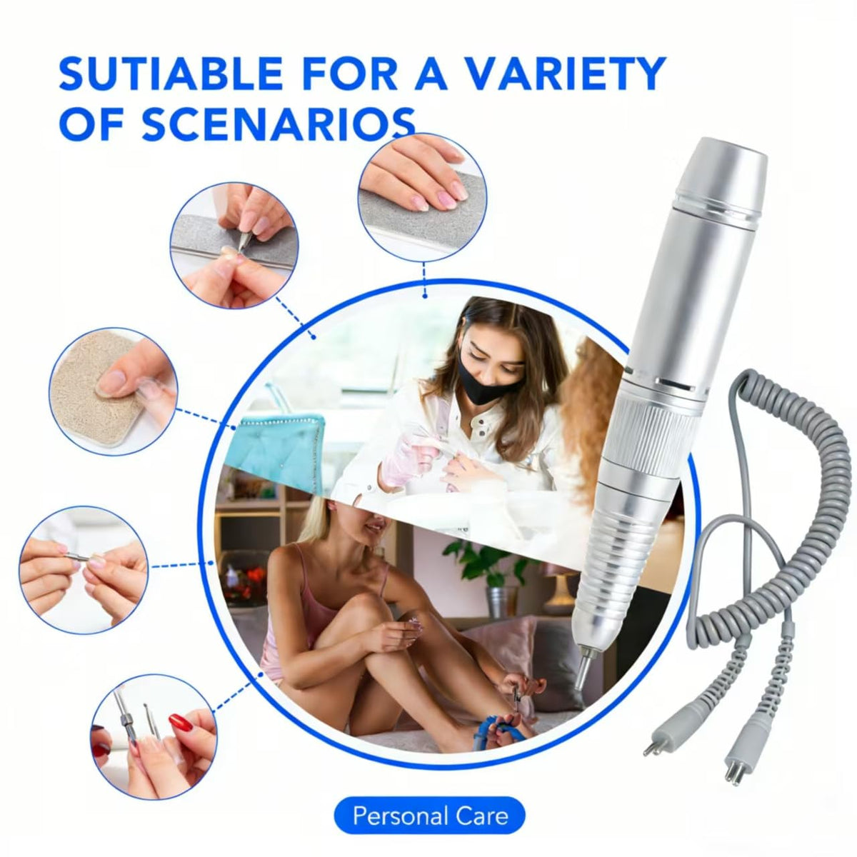 Ergonomic smooth-grip nail drill handpiece for precise control.