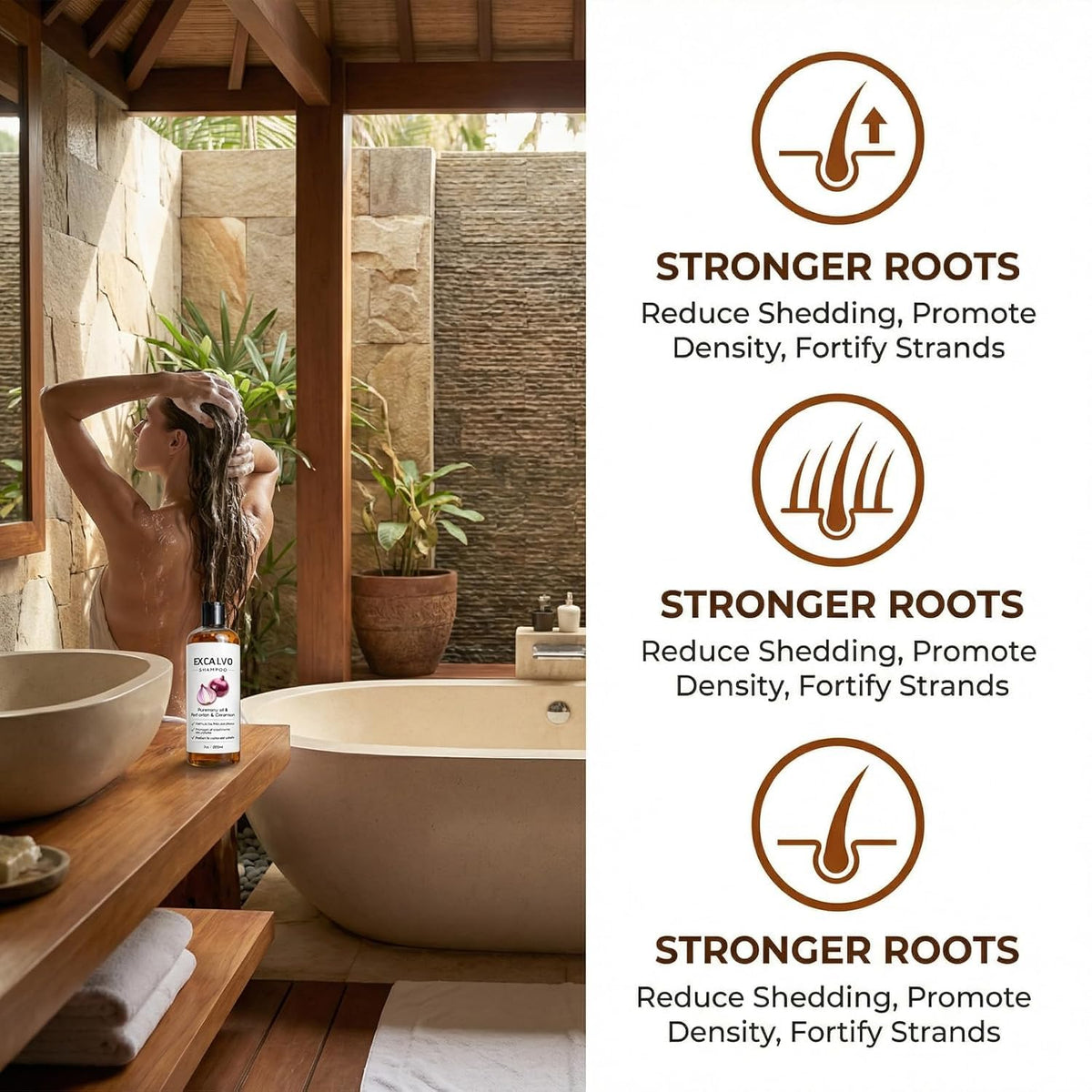 Excalvo onion shampoo suitable for all hair types with balanced shine.