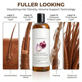 Hair strands appear strengthened after using Excalvo Onion Shampoo.
