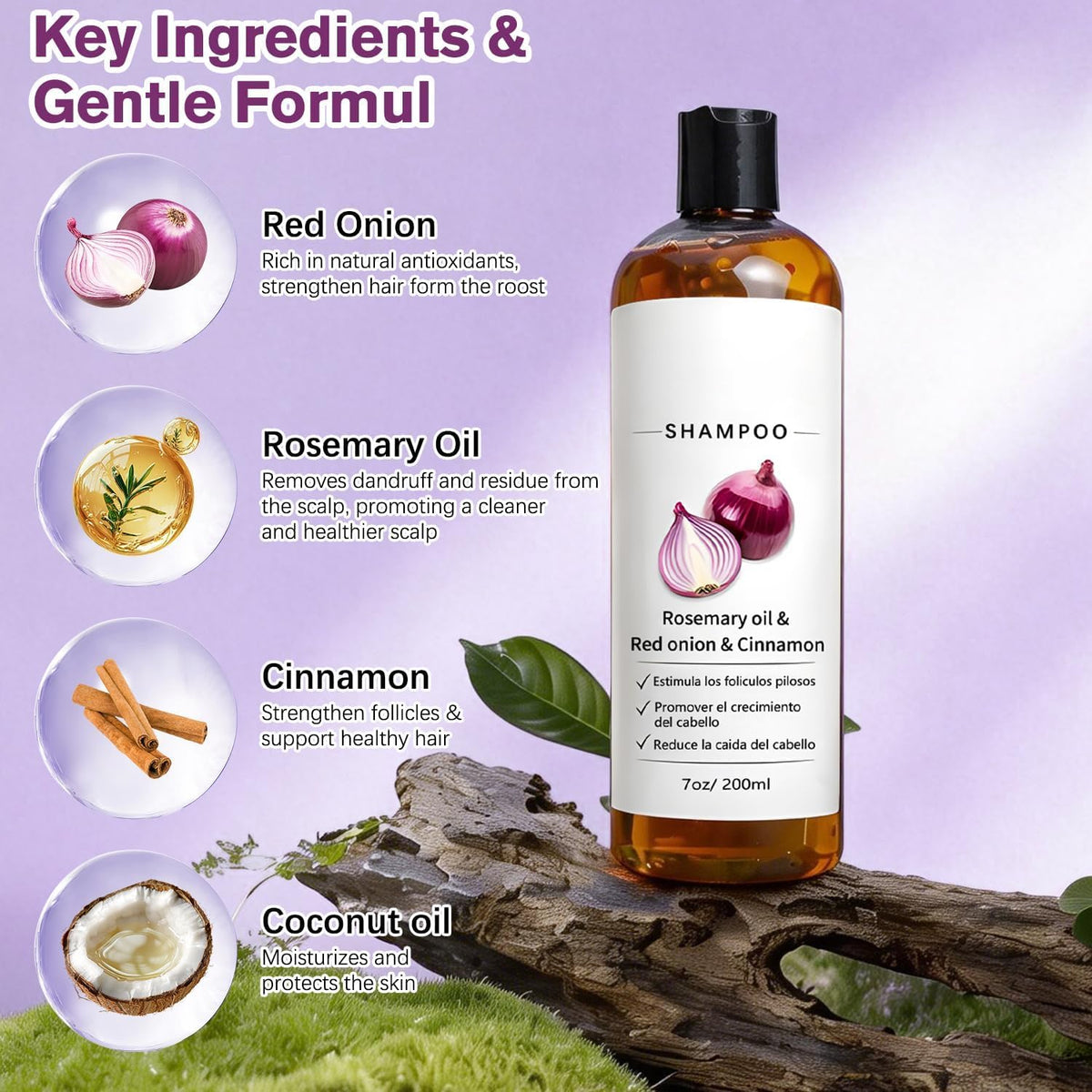 Onion and rosemary ingredients highlighted to nourish hair roots.