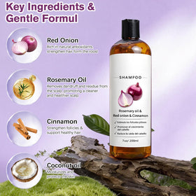 Onion and rosemary ingredients highlighted to nourish hair roots.