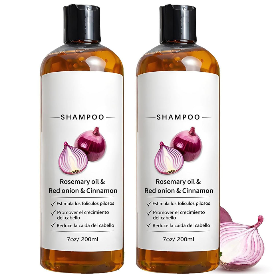 Generic Excalvo Onion Shampoo bottle with rosemary oil highlighting scalp nourishment.