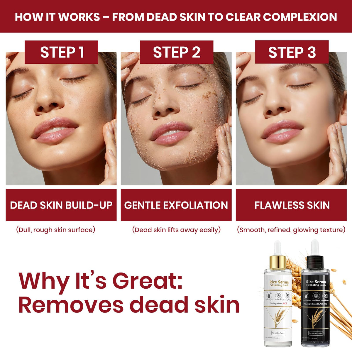 Generic Exfoliating Rice Peel Shot body scrub pour demonstrates dual action exfoliation