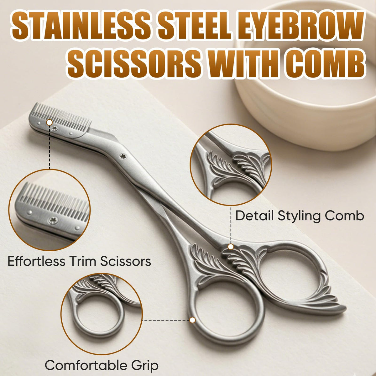 Eyebrow scissors with angled blade for comfortable, clear trimming.
