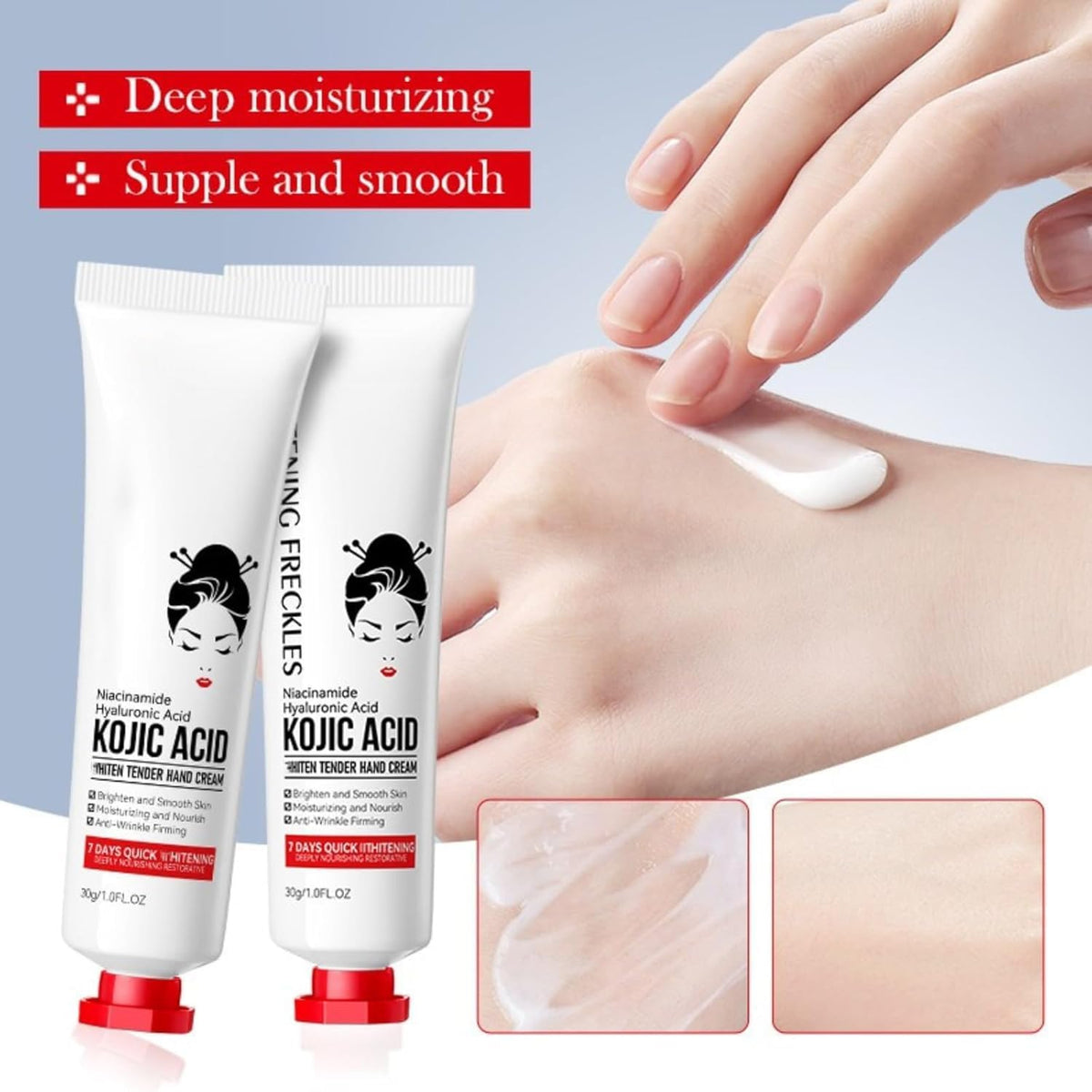Generic Kojic Acid Cream used on hands and face for versatile daily care.