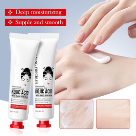 Generic Kojic Acid Cream used on hands and face for versatile daily care.