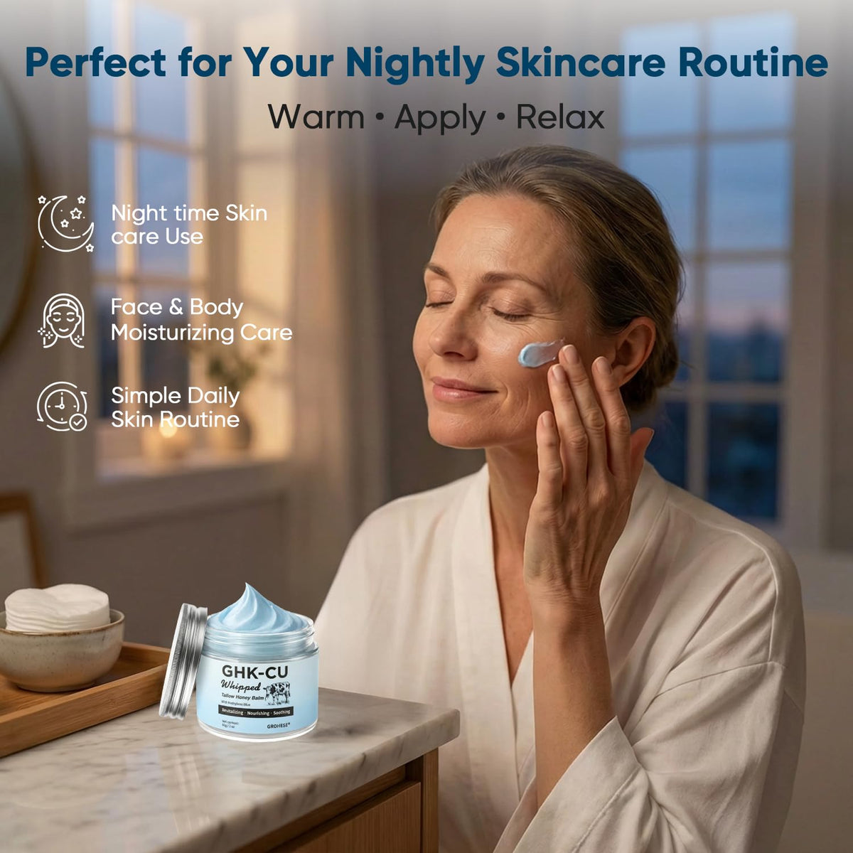Face application steps balm demonstrates daily routine use.