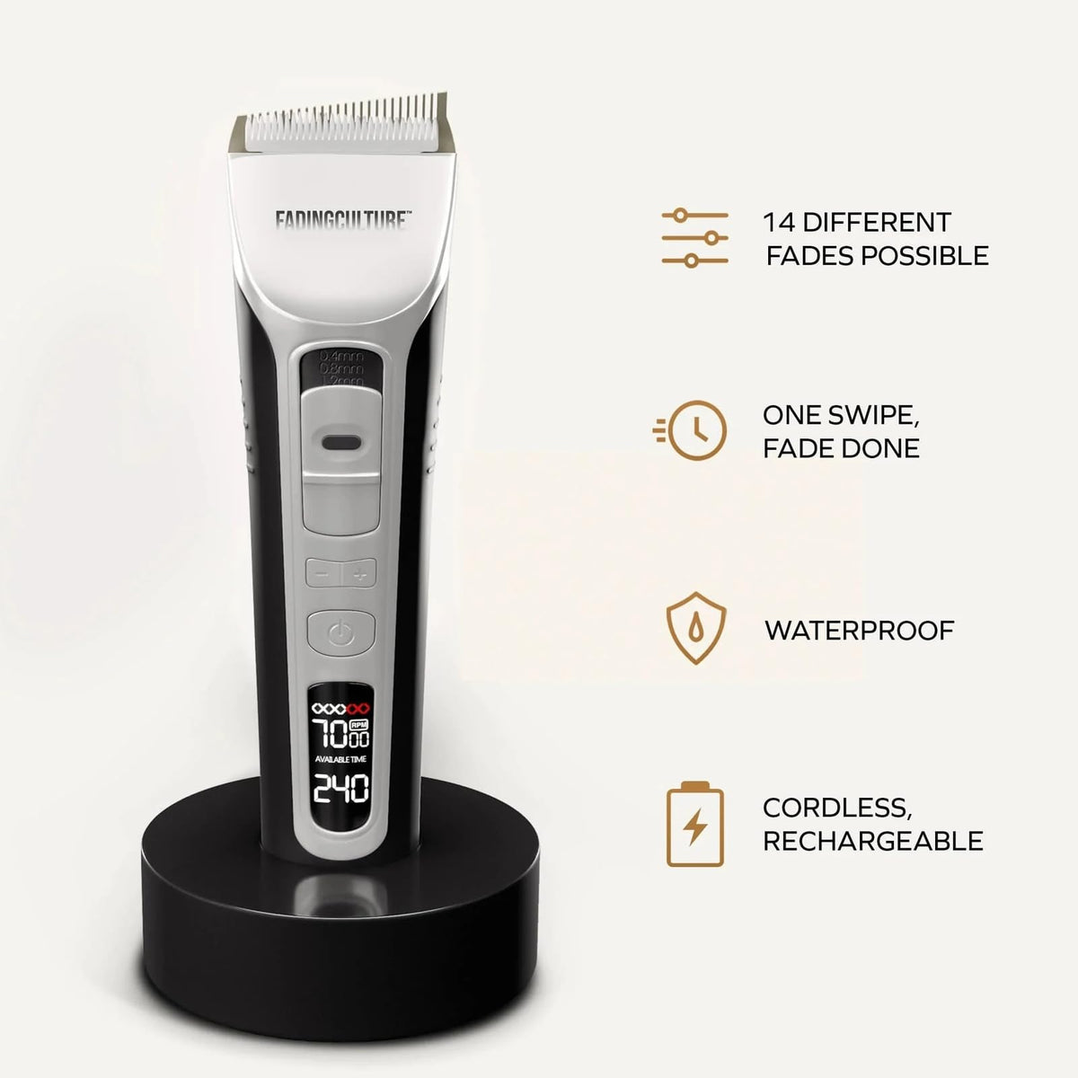 Generic Fadify 2.0 motor runs quietly for relaxed grooming sessions.