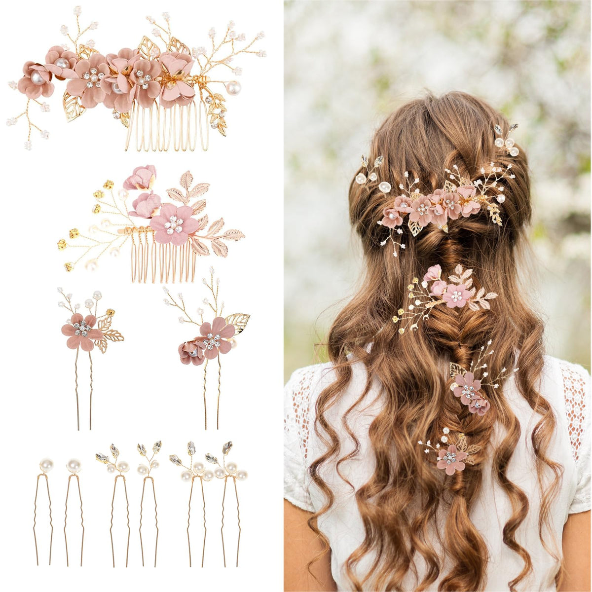 Generic floral hair comb set with pink roses for romantic wedding hairstyles
