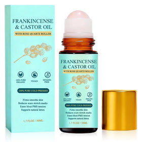 Generic frankincense castor roll-on with rose quartz bottle for portable facial care.