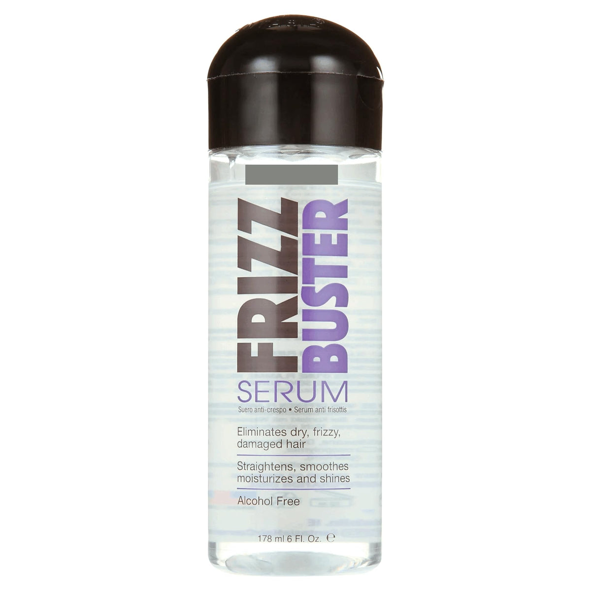 Generic Frizz Buster serum bottle delivers humidity resistance for sleek, frizz-free styling.