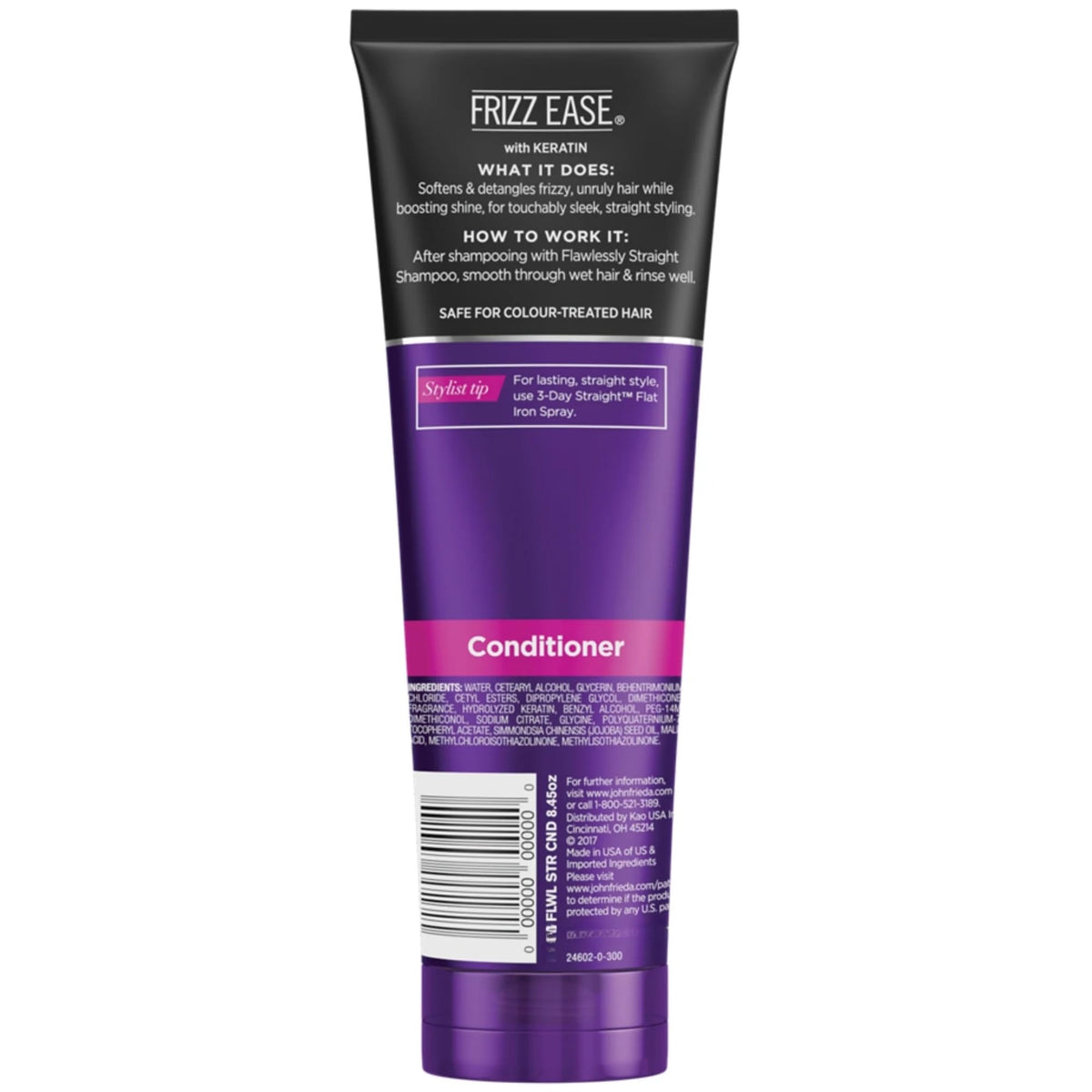 Generic Frizz Ease conditioner packaging highlighting keratin and jojoba oil for smoother hair.