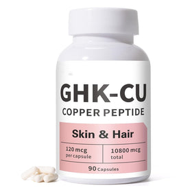 Generic GHK-Cu peptide bottle closeup, compact packaging for on-the-go use.