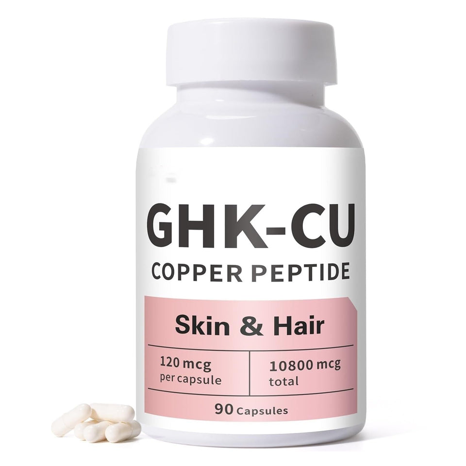 Generic GHK-Cu peptide bottle closeup, compact packaging for on-the-go use.