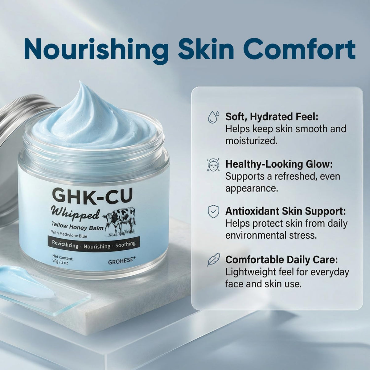 GHK-CU peptide cream texture swatch for a non-greasy finish.