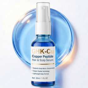 Generic GHK-Cu serum bottle highlighting concentrated scalp nourishment for healthier-looking hair.