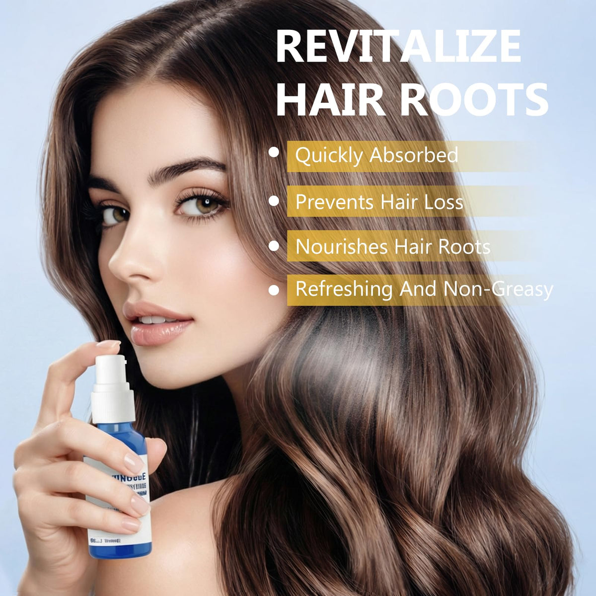 Closeup of Generic GHK-Cu serum bottle emphasizing lightweight formula on the scalp.