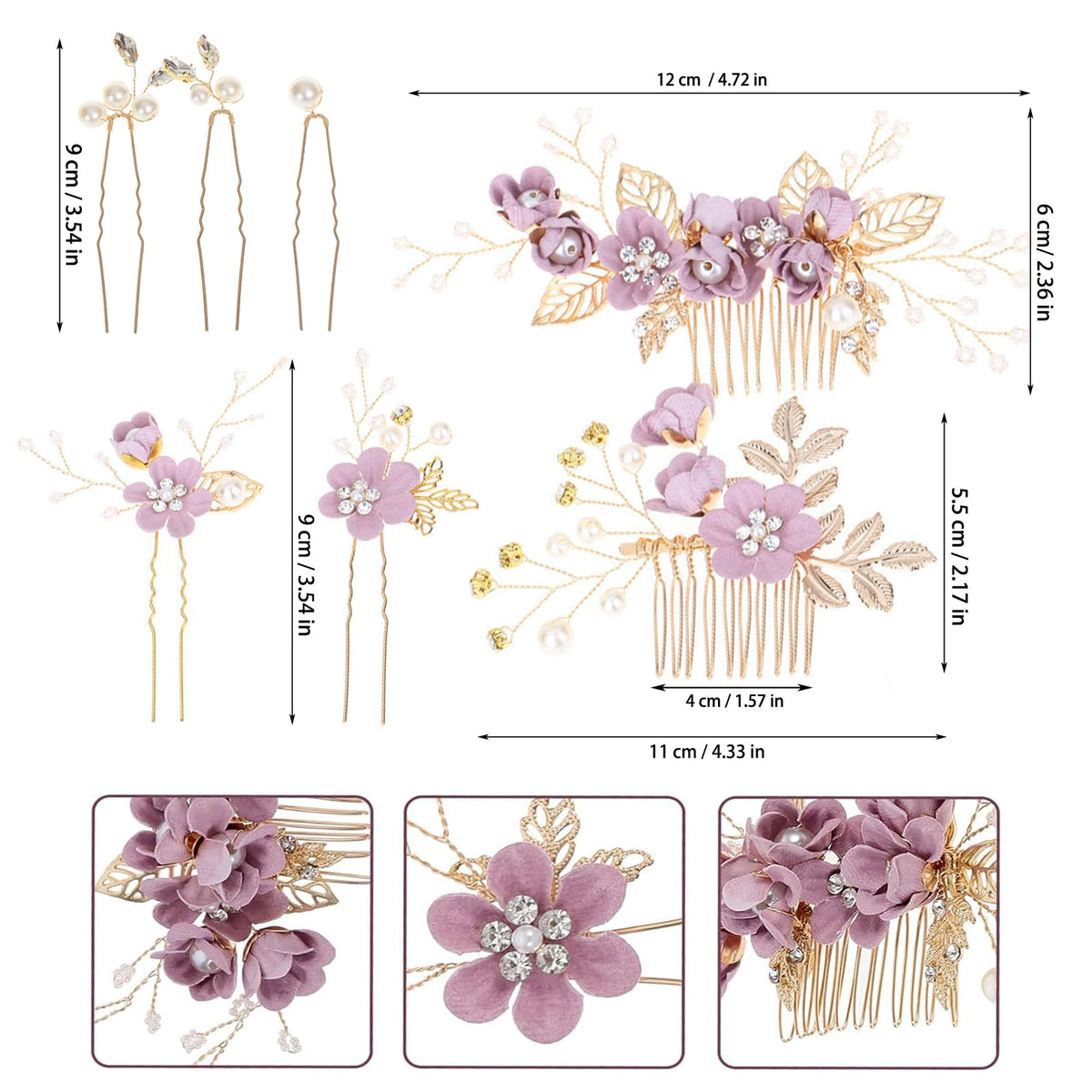 Generic gold-accent floral clip adds vintage charm to bridesmaid styles.