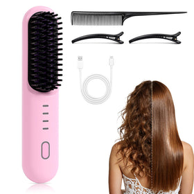 Generic hair straightener brush for short hair in action, smooth styling on the go.