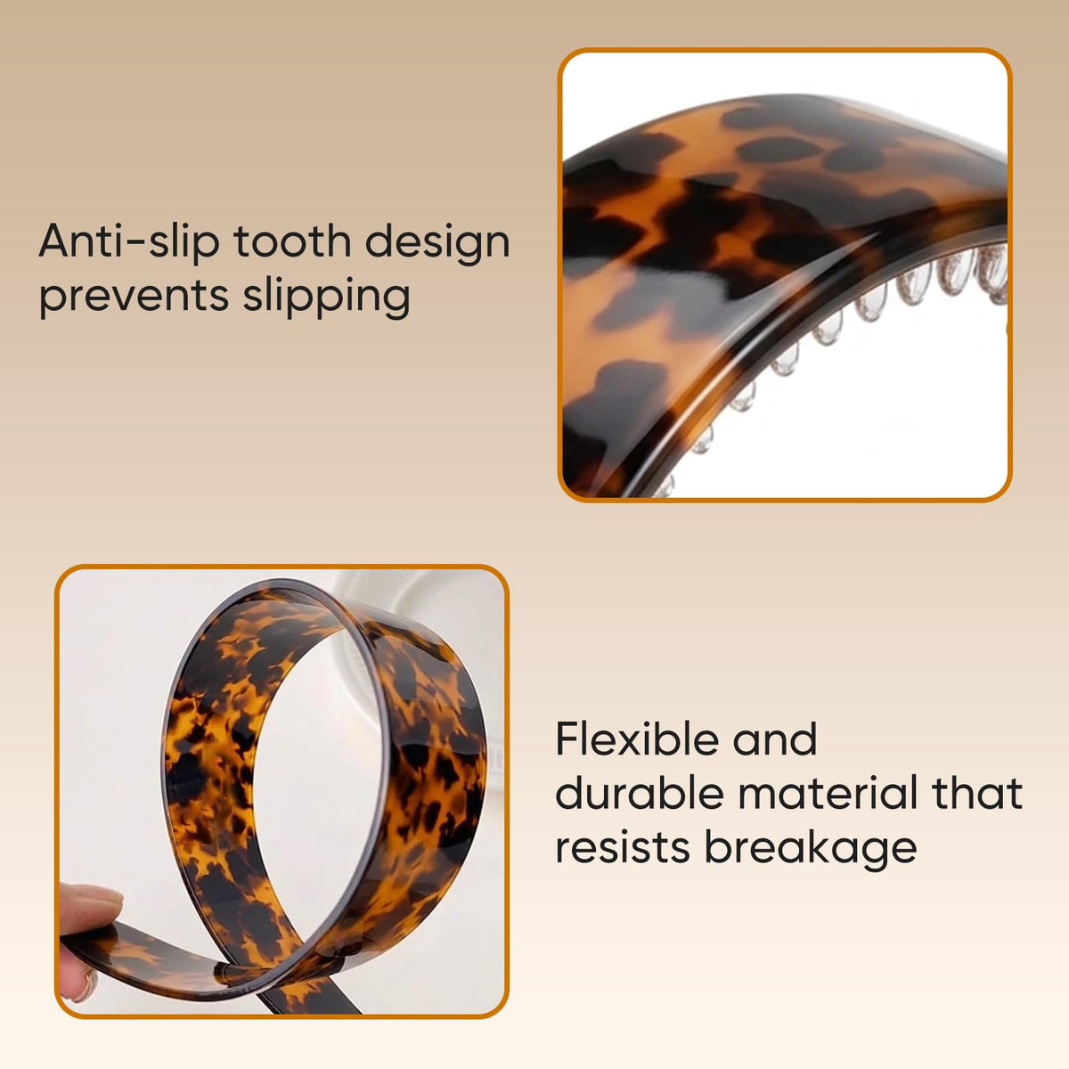 Generic anti-slip teeth design close-up on tortoise-shell headband