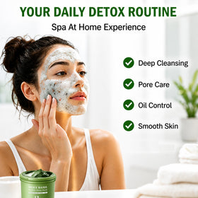 Purifying clay mask with Holy Basil helps refine pores.
