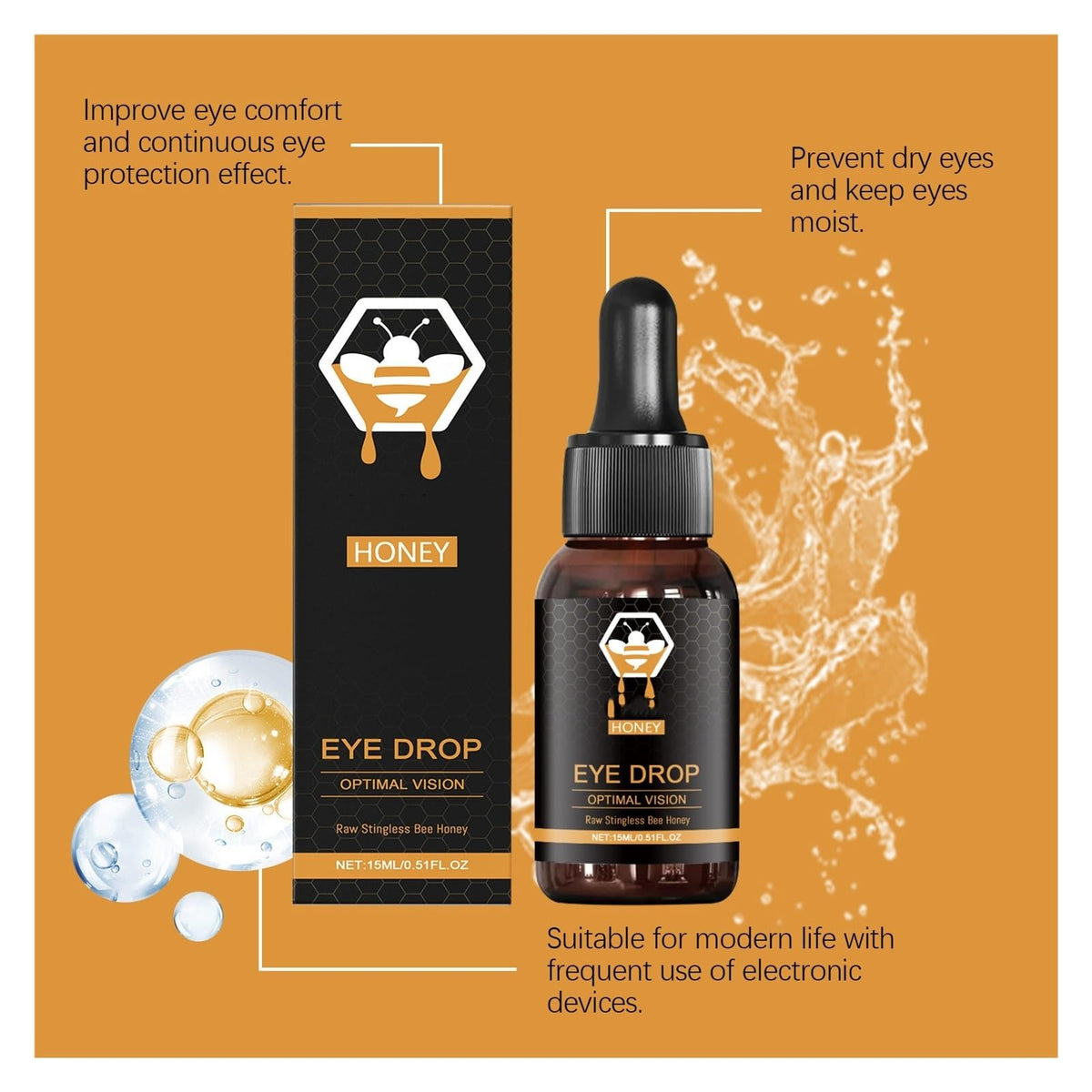 Generic Honey Eye Care dropper dispensing a gentle drop for soothing use.