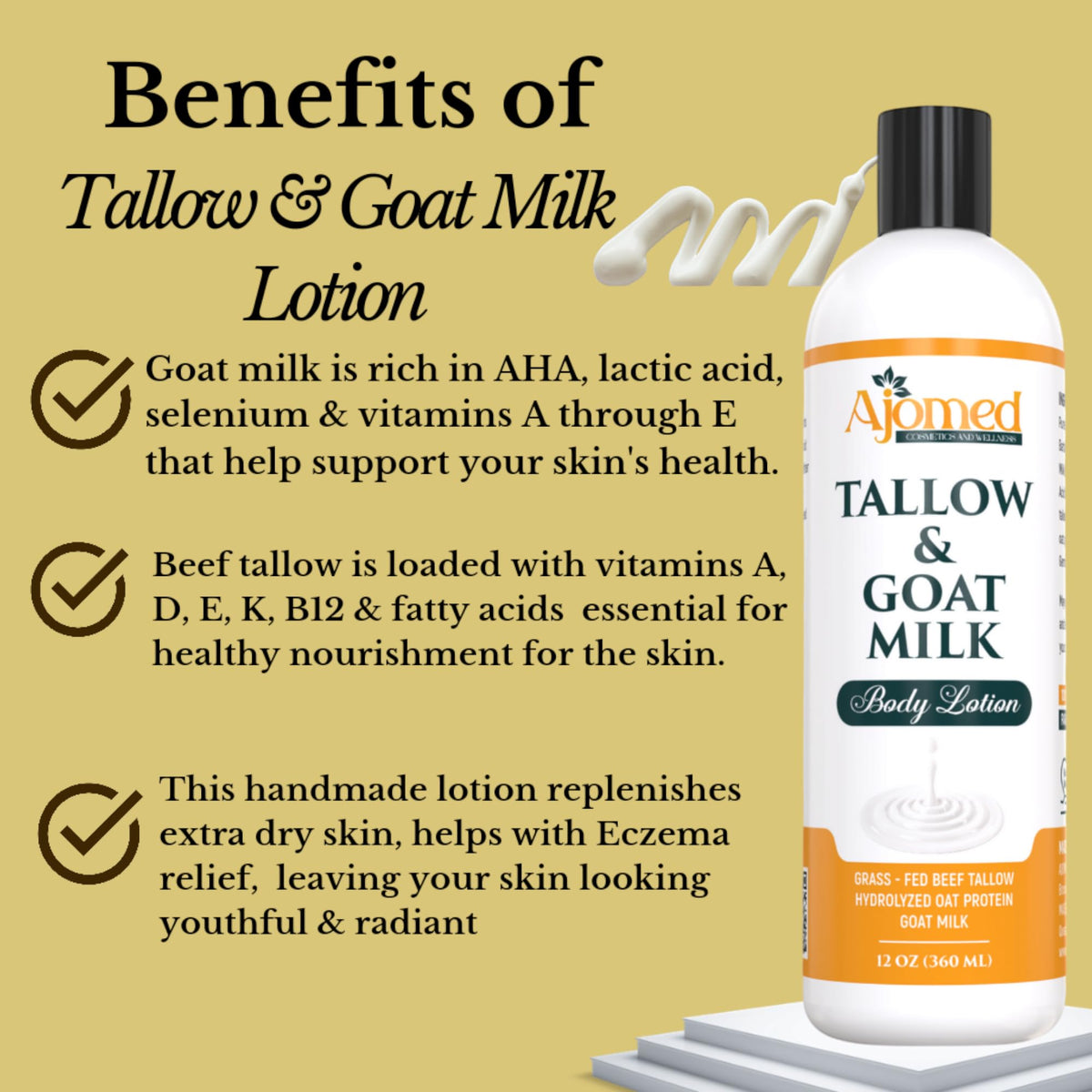 Generic ingredients display with goat milk and beef tallow, natural skin nourishment