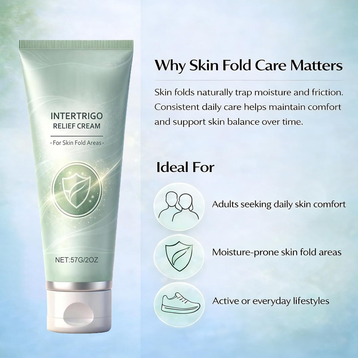 Generic Intertrigo Relief Cream display emphasizes moisture barrier benefits for skin folds