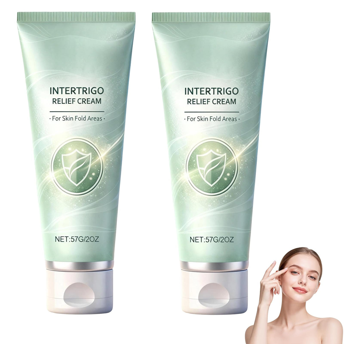 Generic Intertrigo Relief Cream bottle applied to a skin fold area, protecting moisture and friction.